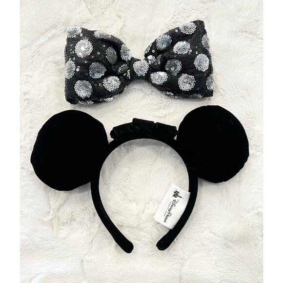 New Disney Parks MINNIE MOUSE EARS Silver Black Polka Dot Sequin Swap Your Bow - Picture 6 of 8